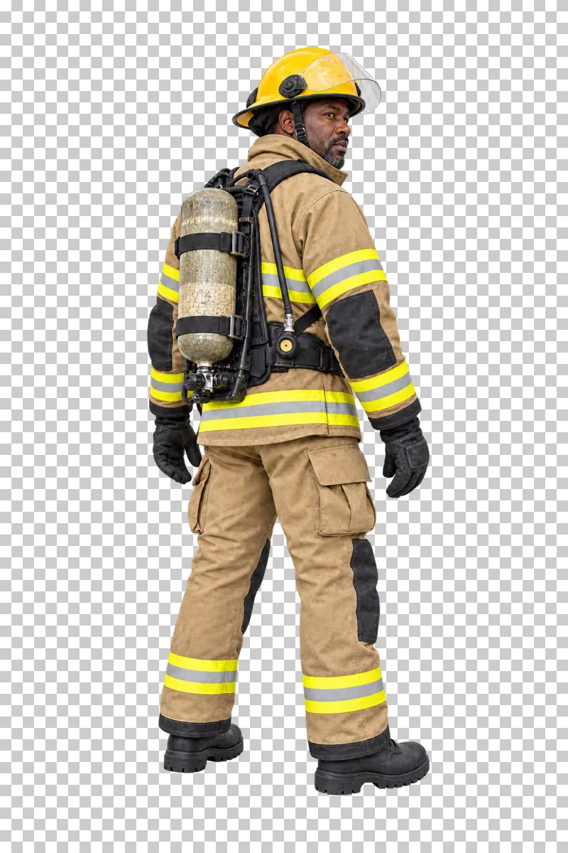 Male firefighter wearing a back-mounted breathing apparatus in a rear three-quarter view, isolated on a transparent background