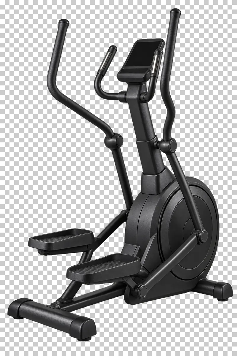 A graphite elliptical trainer with connected pedal platforms, moving handles and switched-off screen.