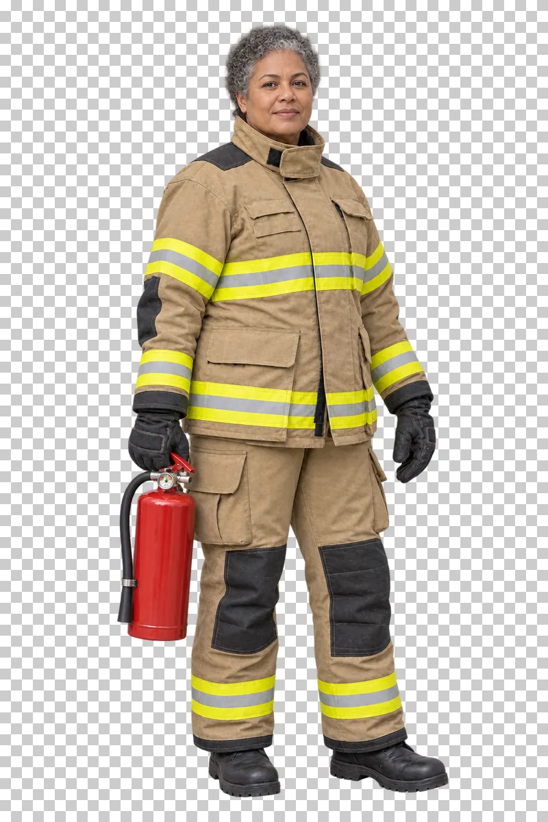 Female firefighter carrying a fire extinguisher by its handle, isolated on a transparent background