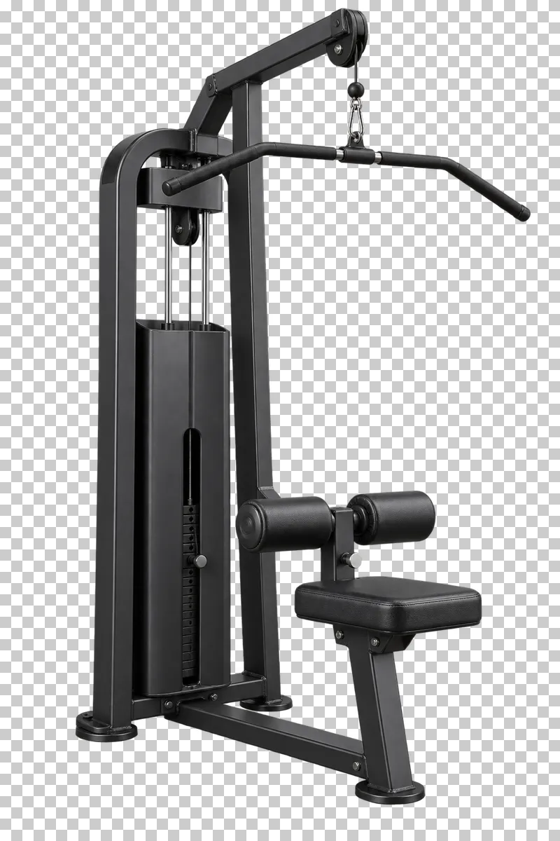 A graphite lat pulldown machine with an integral weight stack, seat, cable and lat bar.