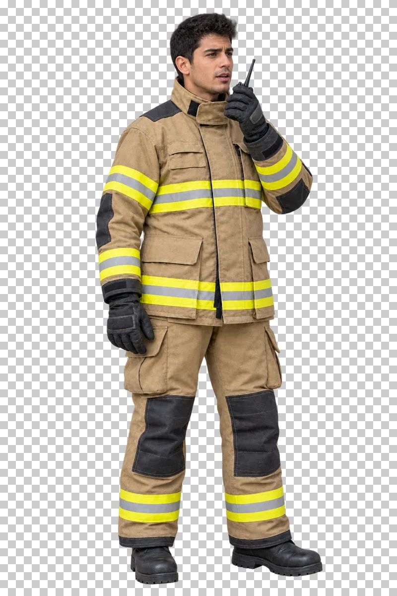 Male firefighter using a handheld radio in tan turnout gear, isolated on a transparent background