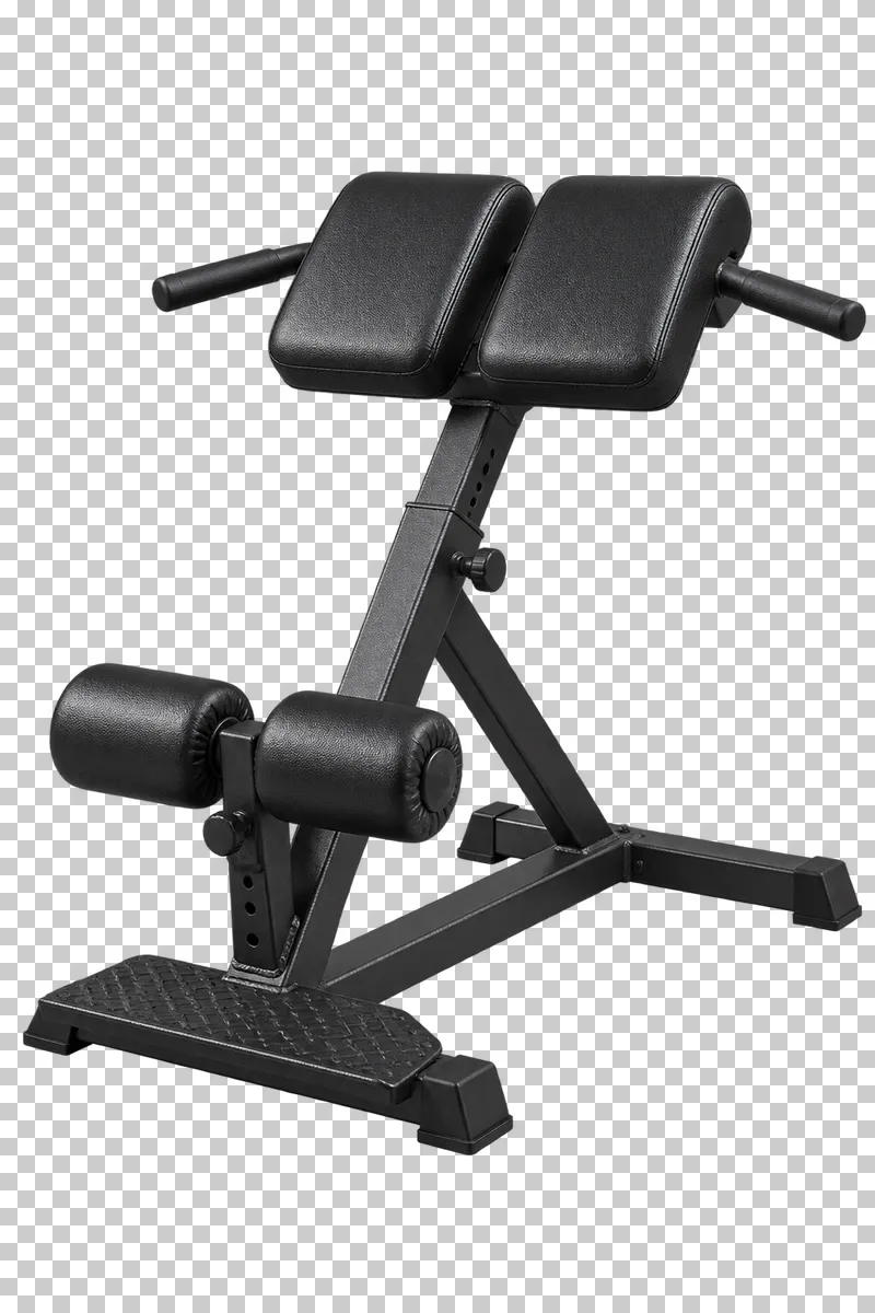 A black roman chair with upholstered hip pads, ankle rollers and a textured foot platform.