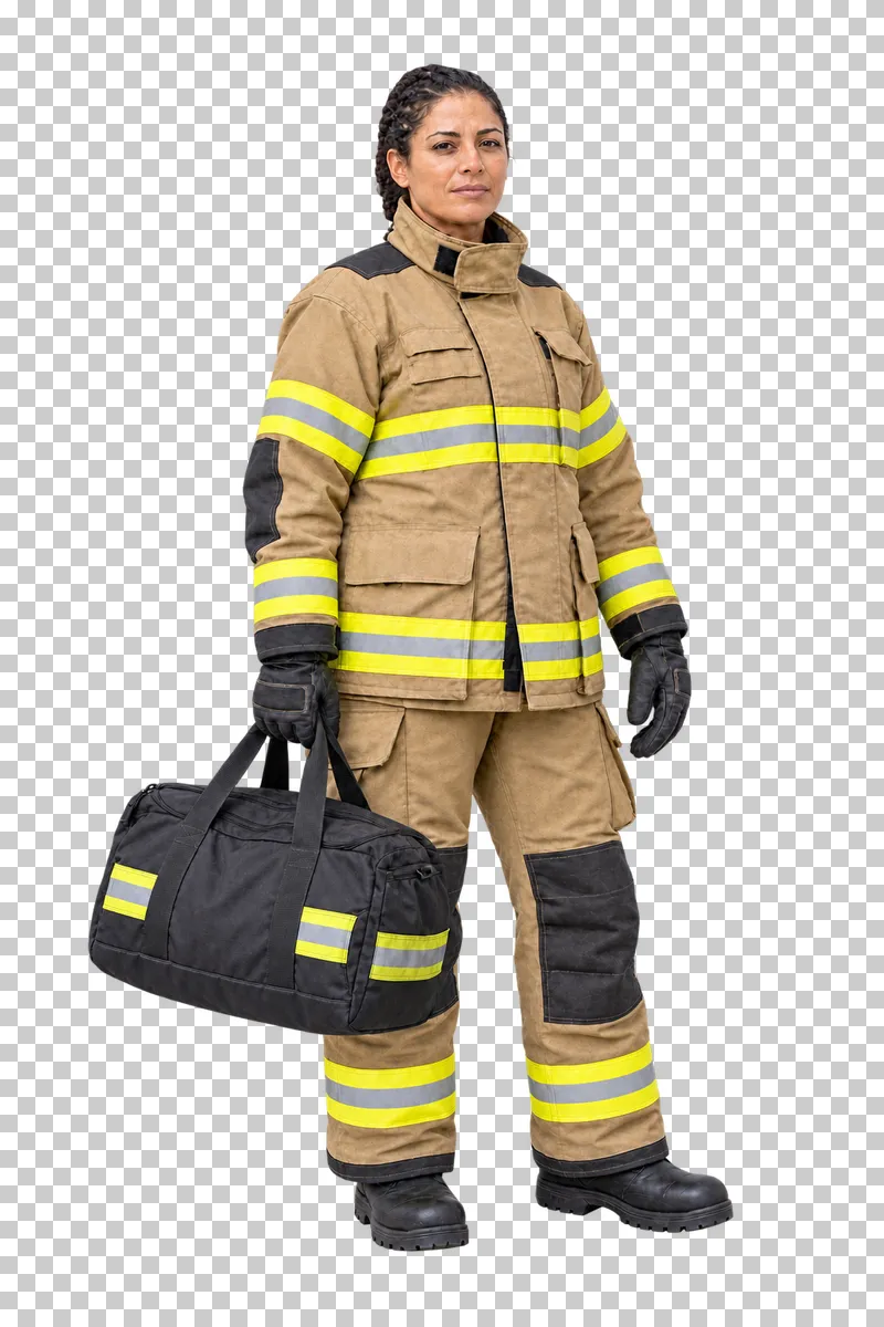 Female firefighter carrying a dark equipment bag by its handles, isolated on a transparent background