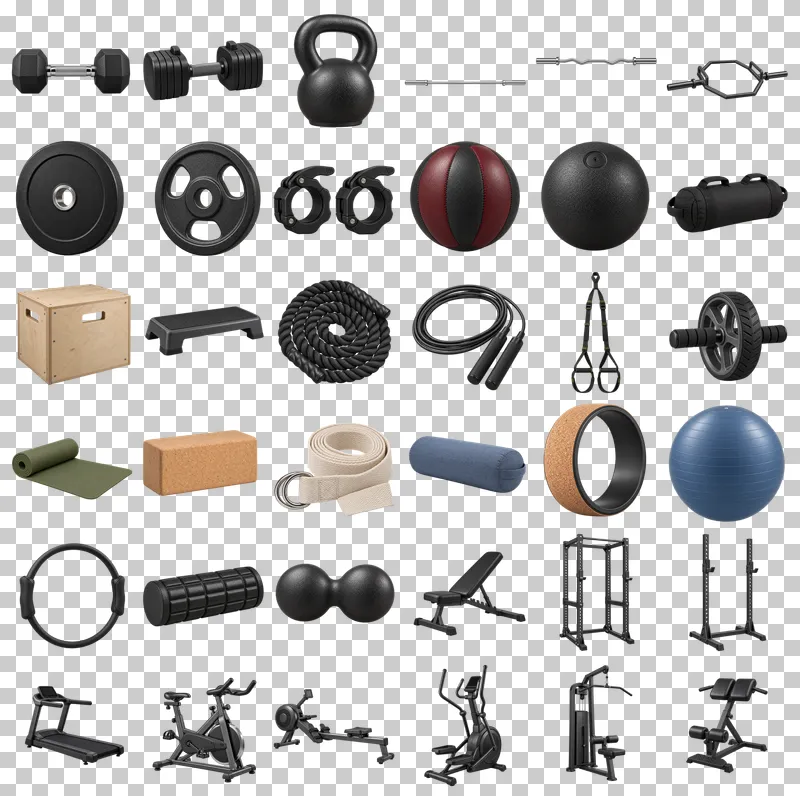 Fitness Equipment Photo PNG Collection: all 36 elements in one grid
