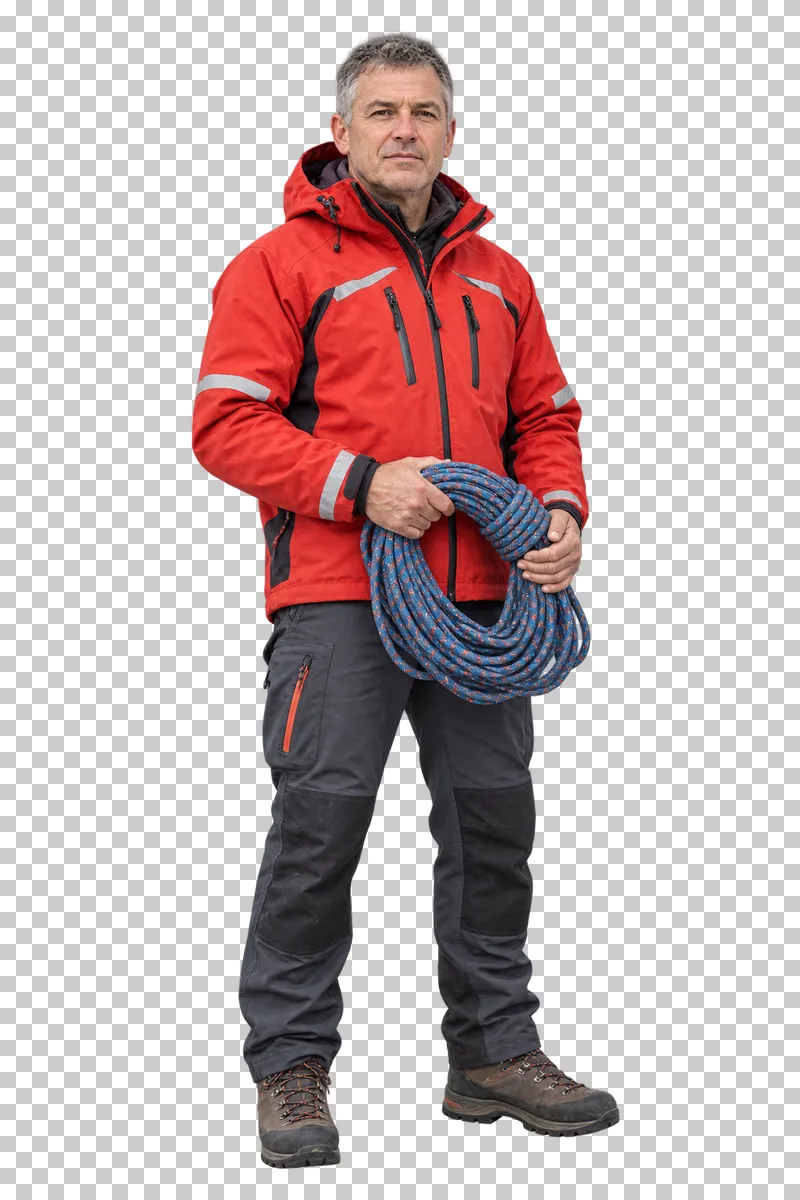 Male mountain rescuer holding a coiled climbing rope, isolated on a transparent background