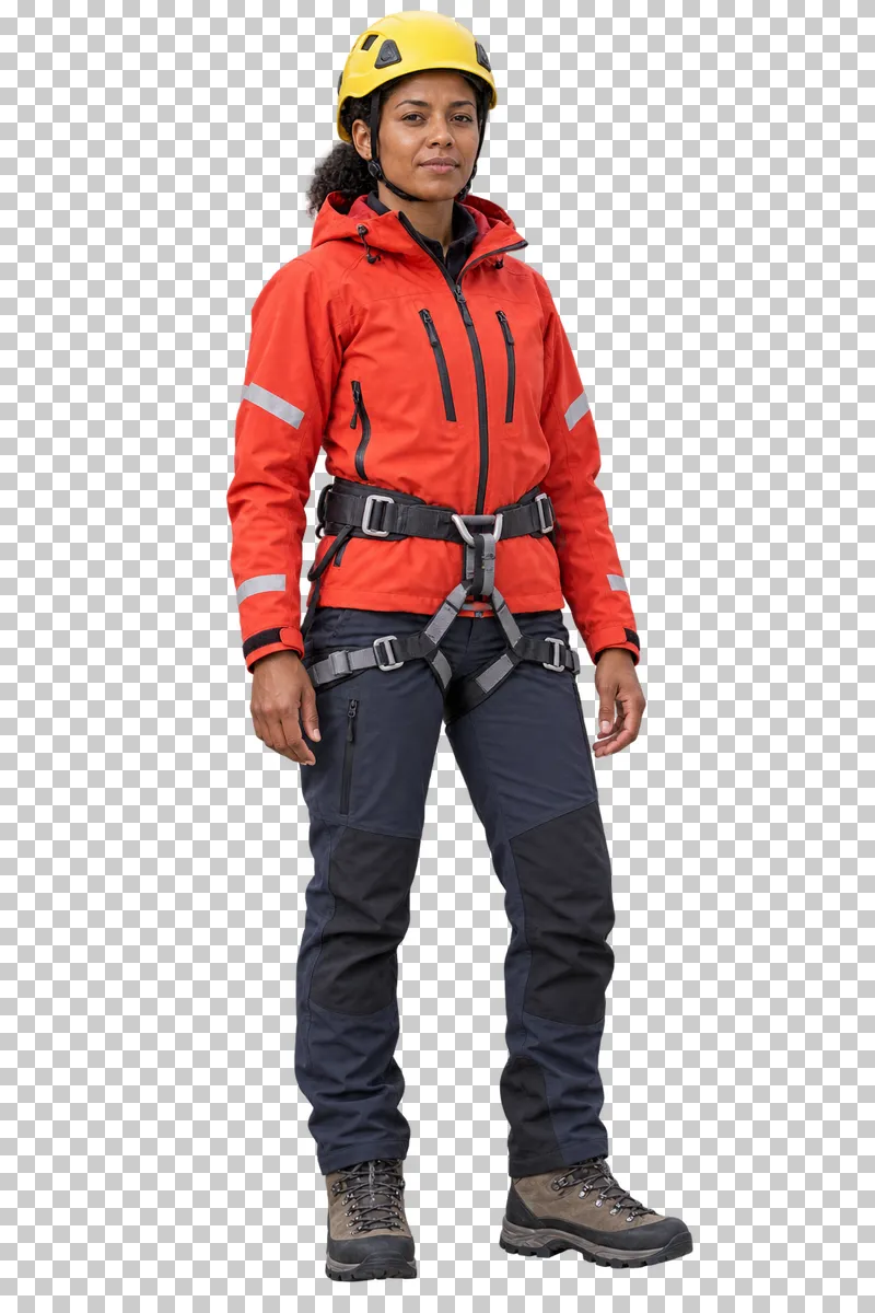 Female mountain rescuer wearing a fitted climbing harness and protective helmet, isolated on a transparent background