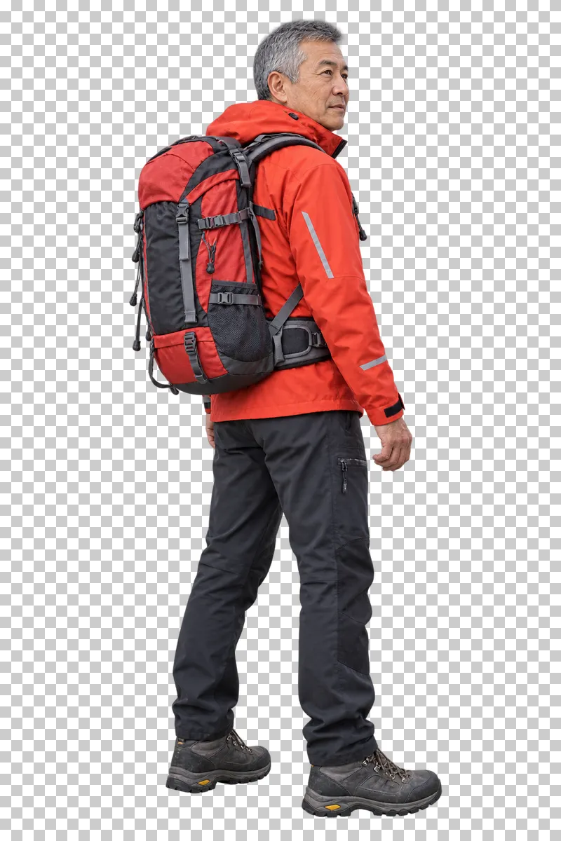 Male mountain rescuer wearing a large backpack in a rear three-quarter view, isolated on a transparent background