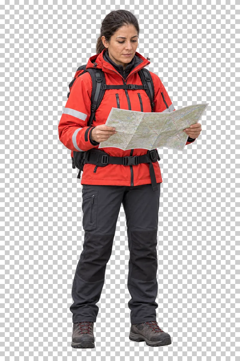 Female mountain rescuer reading an unfolded map, isolated on a transparent background