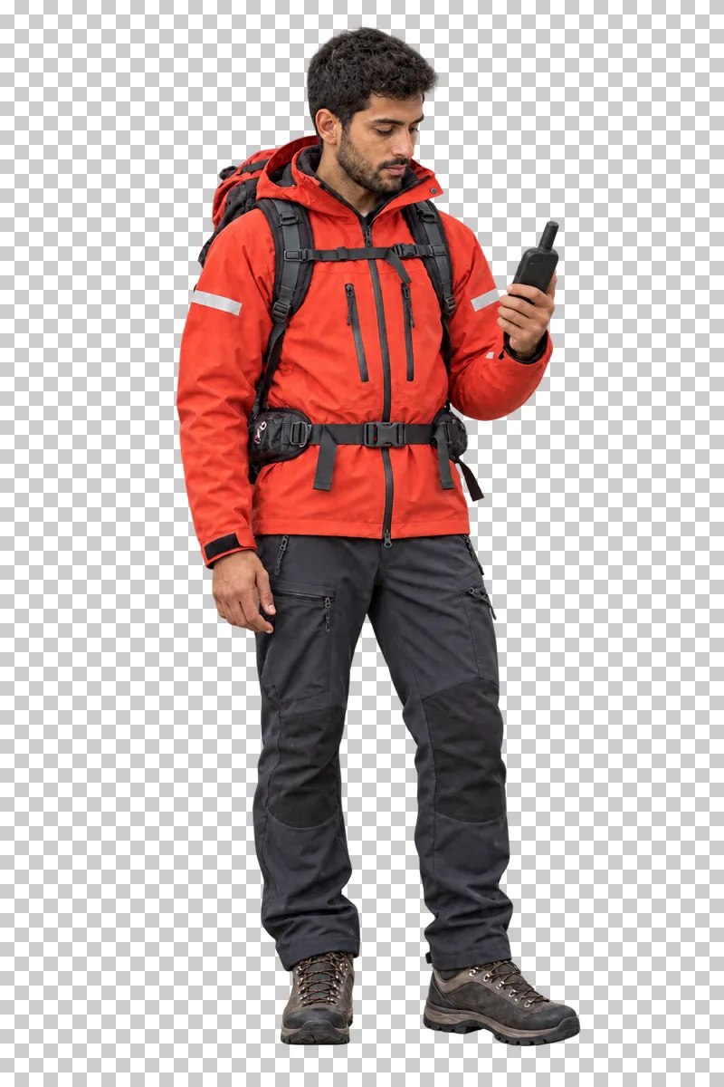 Male mountain rescuer looking down at a handheld GPS with its display facing him, isolated on a transparent background
