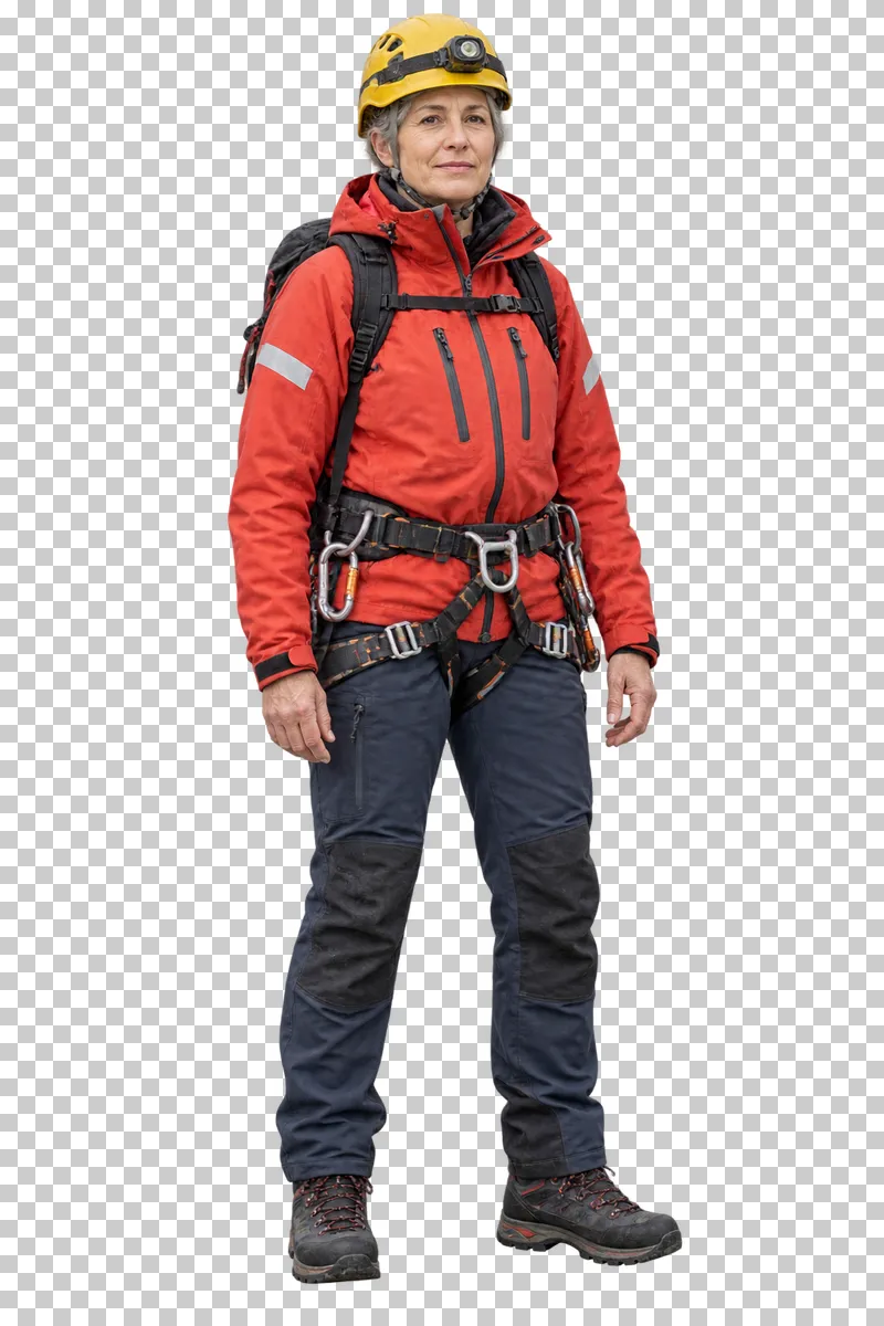 Female mountain rescuer wearing a protective helmet with a mounted headlamp, isolated on a transparent background