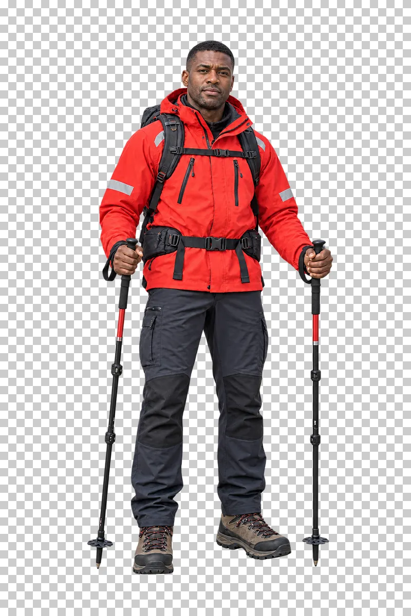 Male mountain rescuer holding two trekking poles, isolated on a transparent background