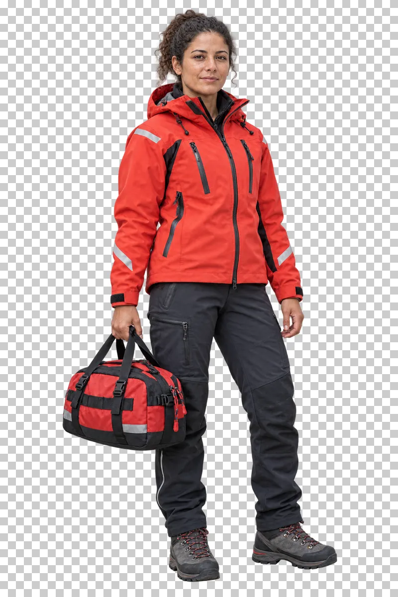 Female mountain rescuer carrying an equipment bag, isolated on a transparent background