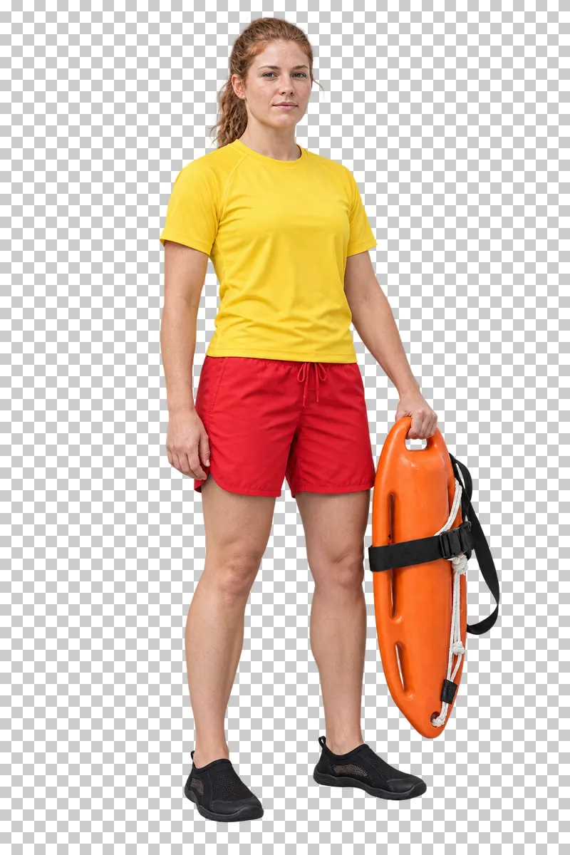 Female water rescuer in a yellow top and red swim shorts holding a rigid rescue can, isolated on a transparent background