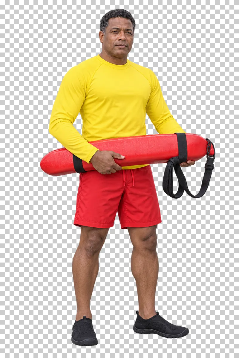 Male water rescuer in a yellow top and red swim shorts holding a flexible rescue tube, isolated on a transparent background