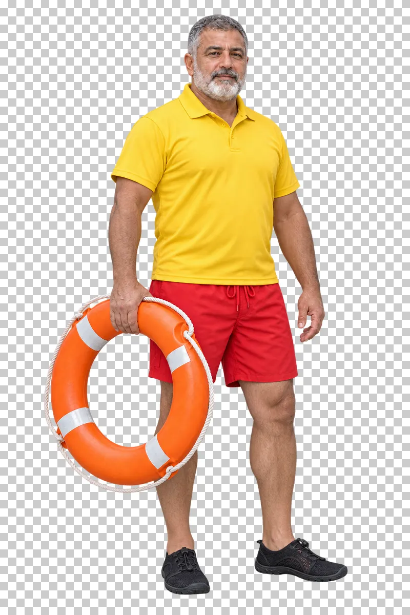 Male water rescuer in a yellow top and red swim shorts holding a lifebuoy, isolated on a transparent background