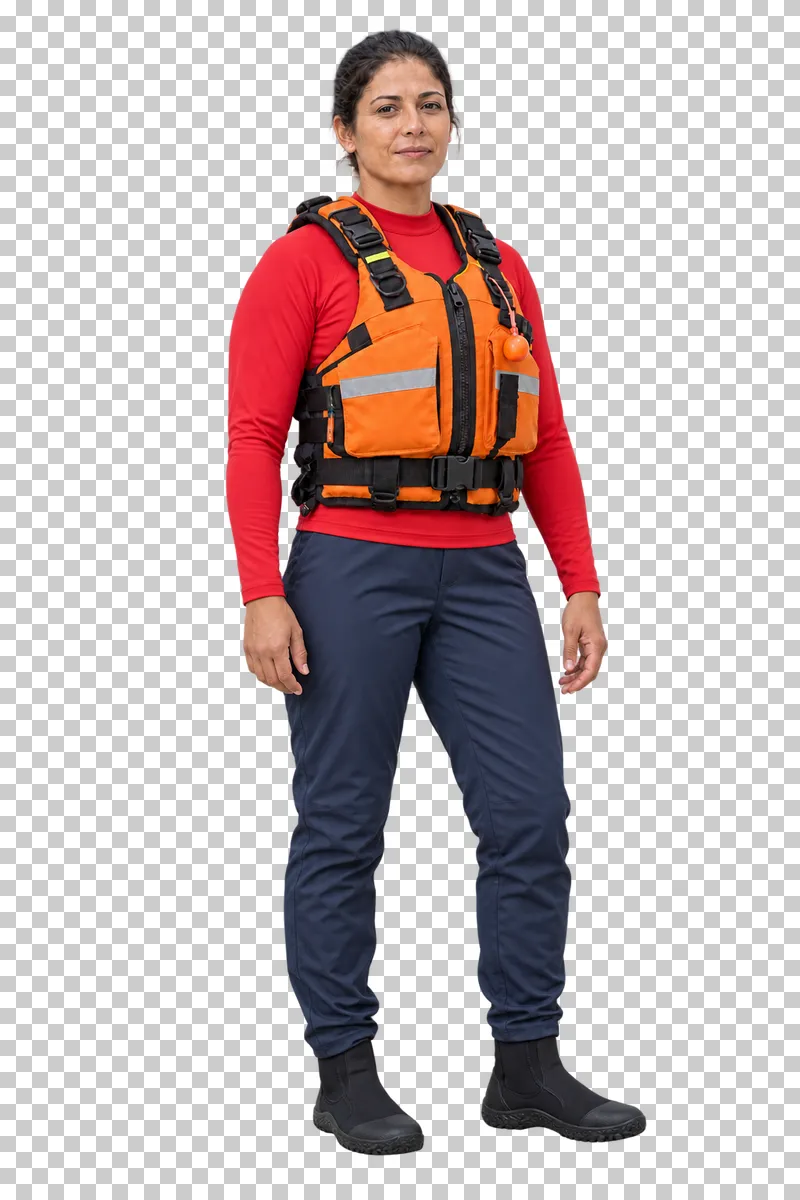 Female water rescuer wearing an orange buoyancy aid over a red top with navy trousers, isolated on a transparent background