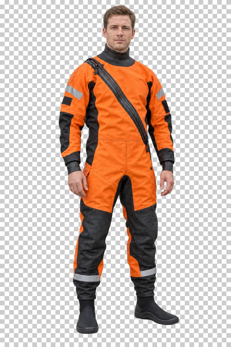 Male water rescuer wearing a drysuit and neoprene water boots, isolated on a transparent background