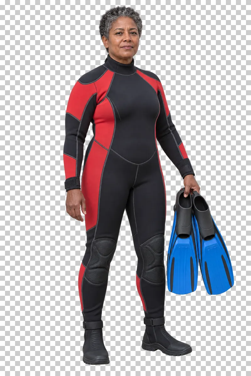 Female water rescuer in a wetsuit holding two swimming fins, isolated on a transparent background