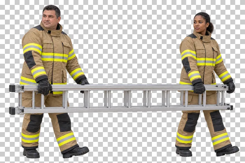 Two firefighters in tan turnout gear carrying a folded ladder together, isolated on a transparent background