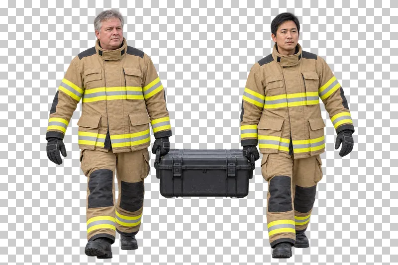 Two firefighters carrying an equipment case by its side handles, isolated on a transparent background