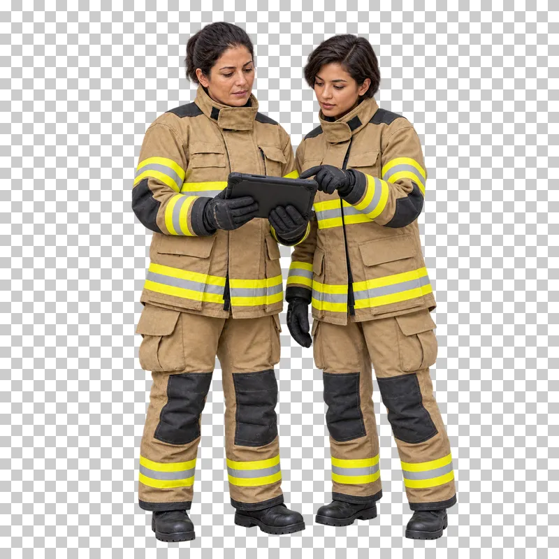 Two firefighters reviewing a tablet, with one supporting it and the other pointing, isolated on a transparent background