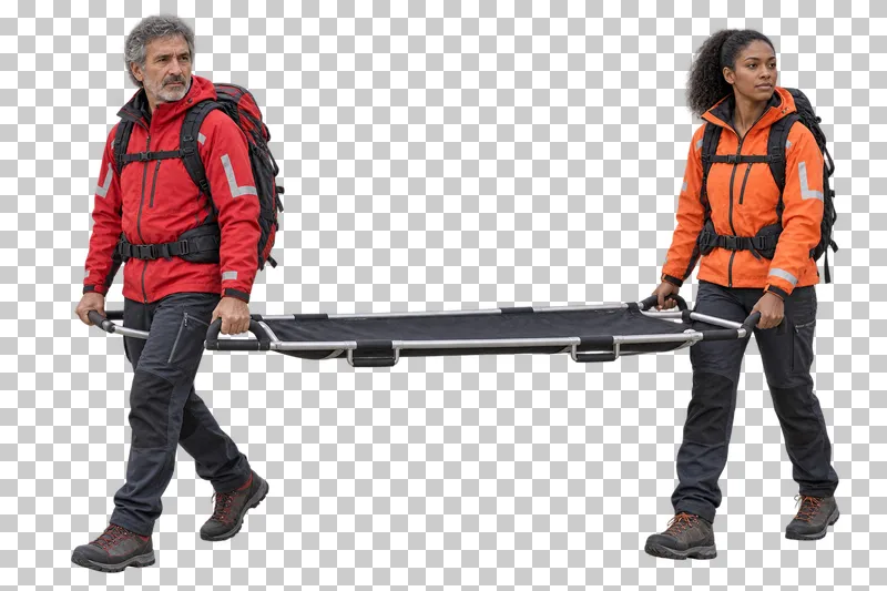 Two mountain rescuers carrying an empty stretcher by its frame handles, isolated on a transparent background