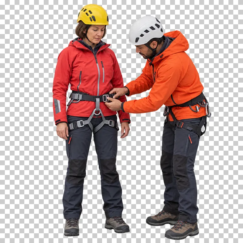 Two mountain rescuers checking a climbing harness connection, isolated on a transparent background