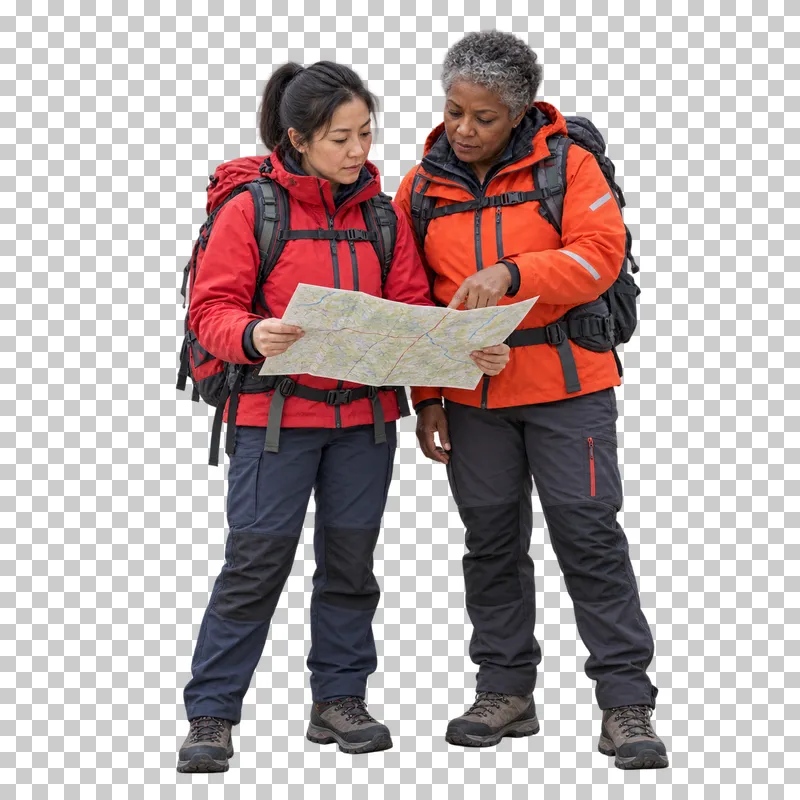 Two mountain rescuers reading an unfolded map together, isolated on a transparent background