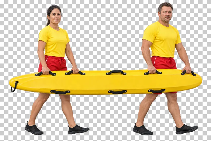 Two water rescuers in yellow tops and red swim shorts carrying a rescue board together, isolated on a transparent background