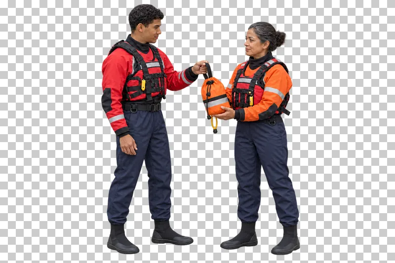 Two water rescuers in buoyancy aids and navy trousers passing a rope throw bag, isolated on a transparent background