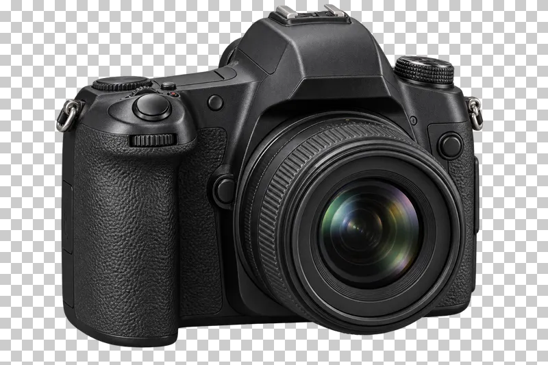 A black DSLR camera with a short mounted lens and textured grip.