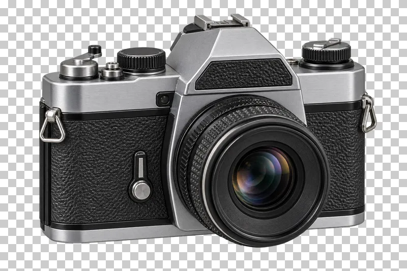 A film SLR camera with a mounted lens and mechanical top controls.