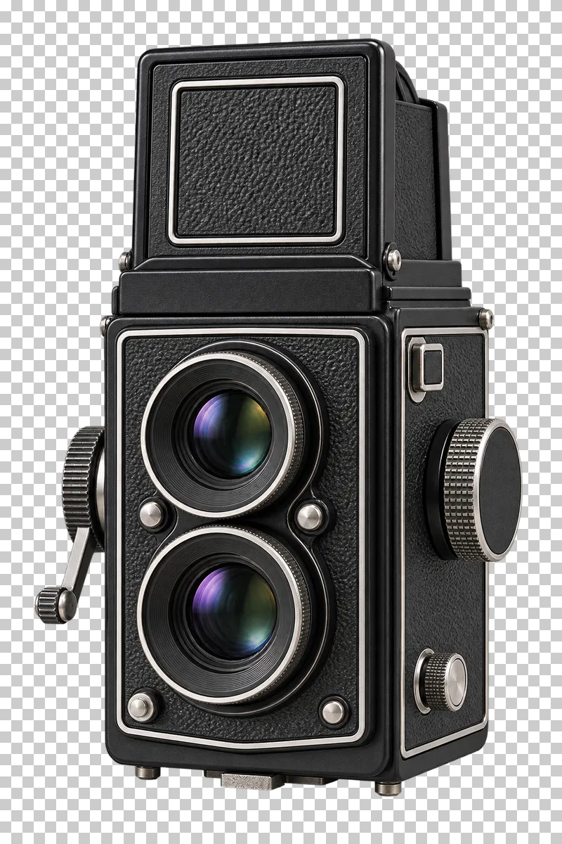 A twin-lens reflex camera with two vertically stacked circular lenses.