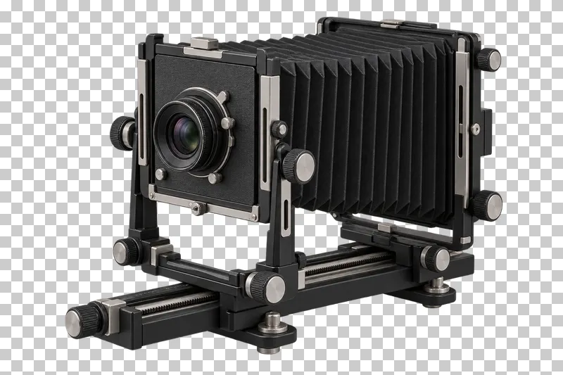 A large-format camera with an extended bellows and metal focusing rail.