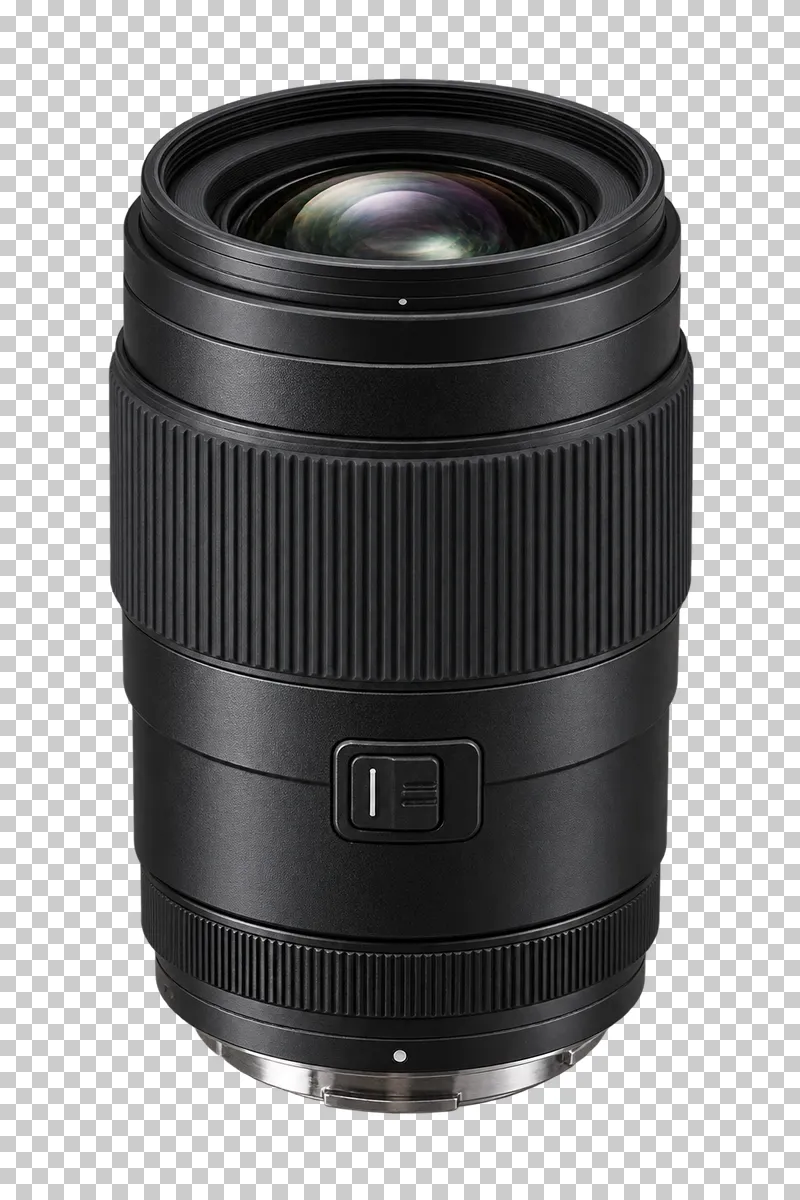 A macro lens with a long barrel and textured focusing ring.