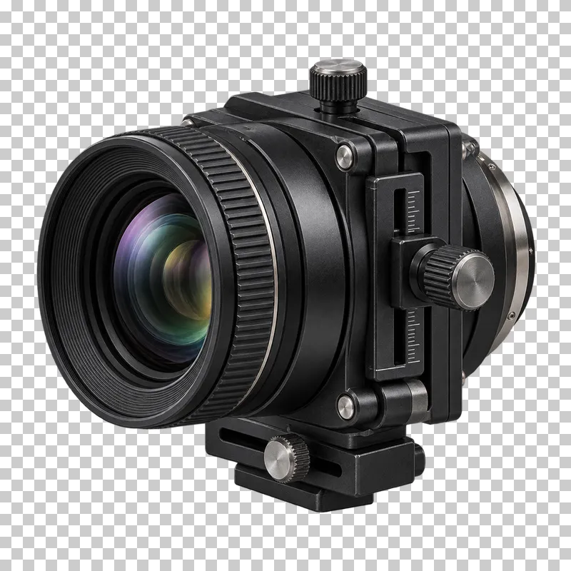 A tilt-shift lens with adjustment knobs and a shifting barrel mechanism.