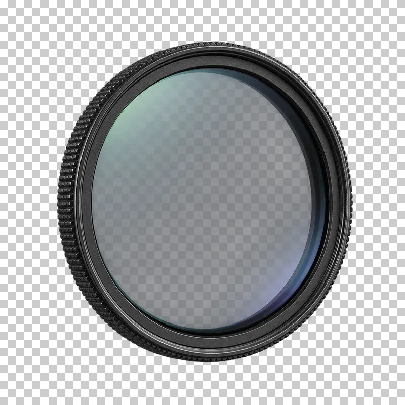 A circular polarizing filter with a thin rotating black rim and translucent tinted glass.