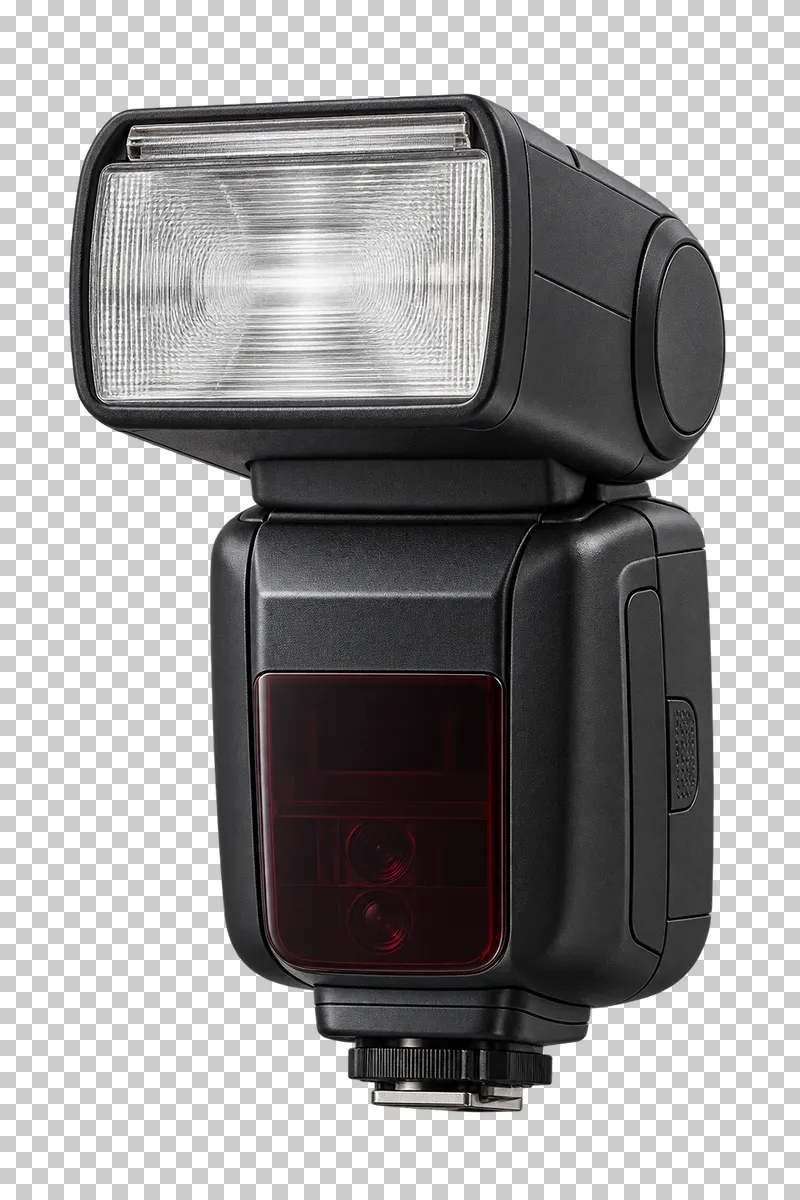 A camera speedlight with an adjustable rectangular flash head and integral hot-shoe foot.