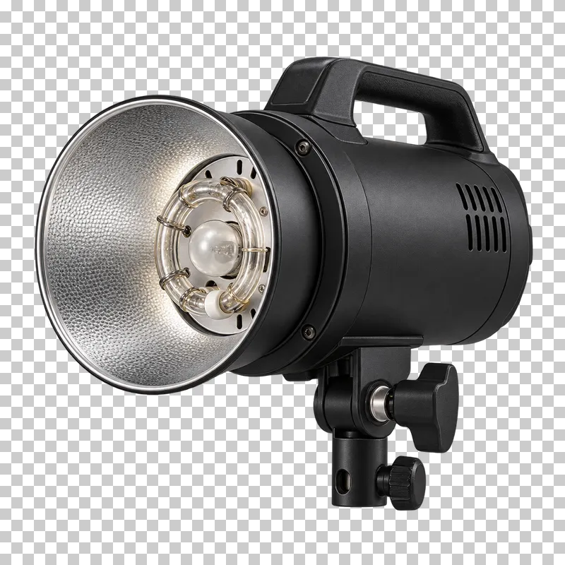 A studio flash head with a reflector and integral mounting bracket.