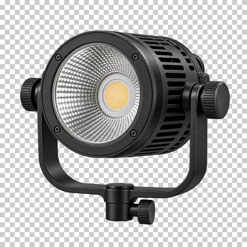 A COB LED studio light with a metal housing and integral mounting yoke.