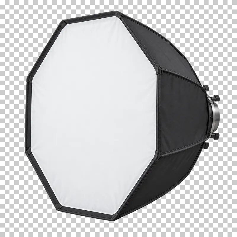 An open octagonal softbox with a white diffusion face and black fabric sides.