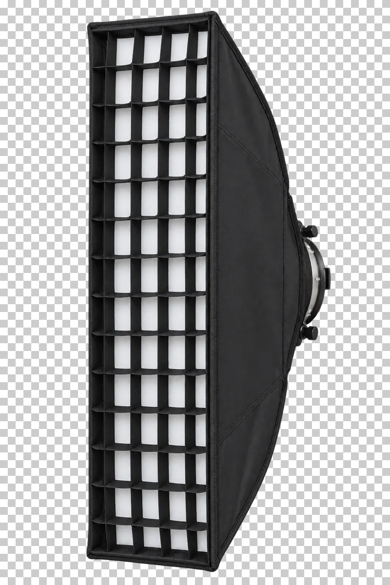 A long strip softbox with a recessed fabric grid and black fabric sides.