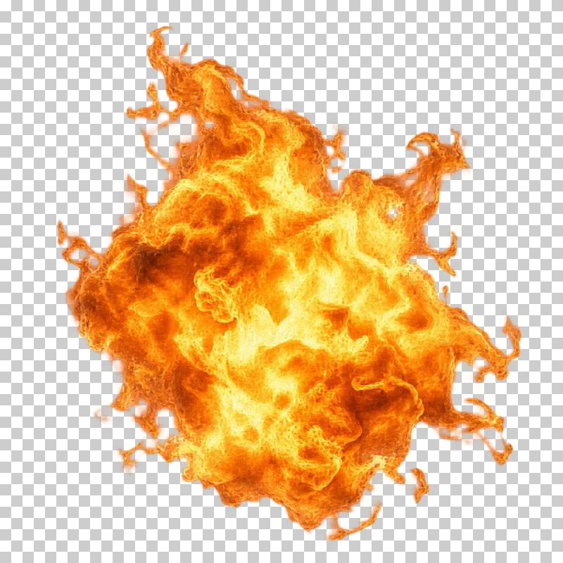 An asymmetric turbulent fireball with bright yellow-orange flames.