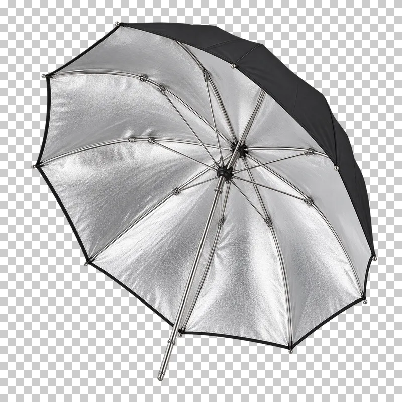 An open photography umbrella with a complete shaft and visible ribs.