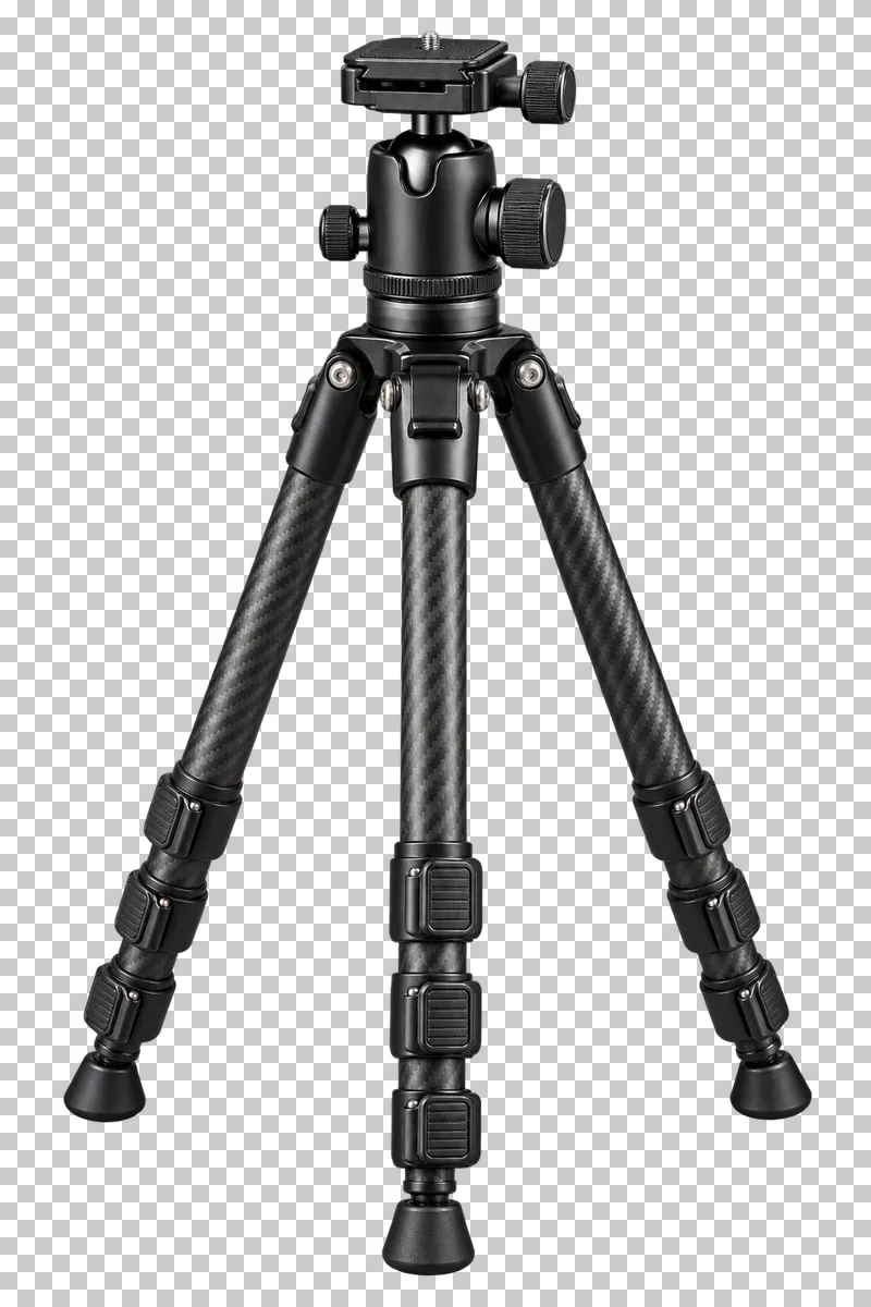 An extended camera tripod with three segmented legs and a central head.