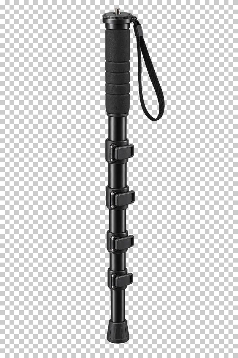 An extended monopod with segmented sections, locking mechanisms and a rubber foot.