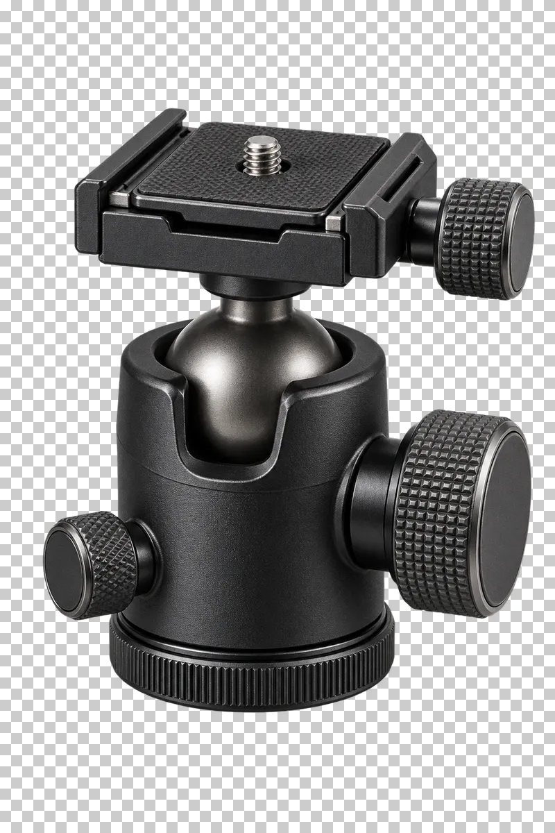 A compact metal ball head with a quick-release platform and adjustment knobs.