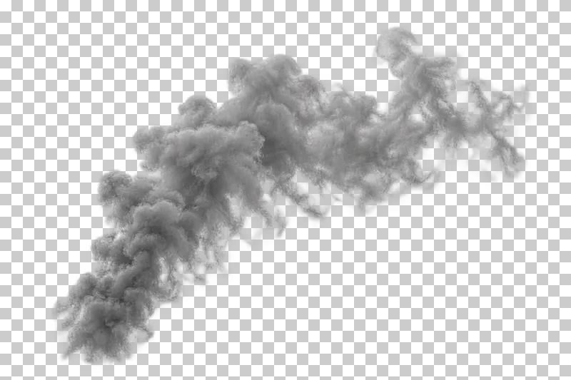 A neutral gray smoke plume bent sideways by a gust.