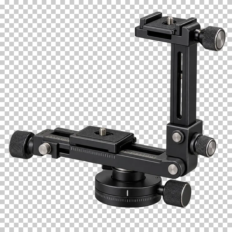 A panoramic camera head with metal rails, an upright bracket and adjustment knobs.