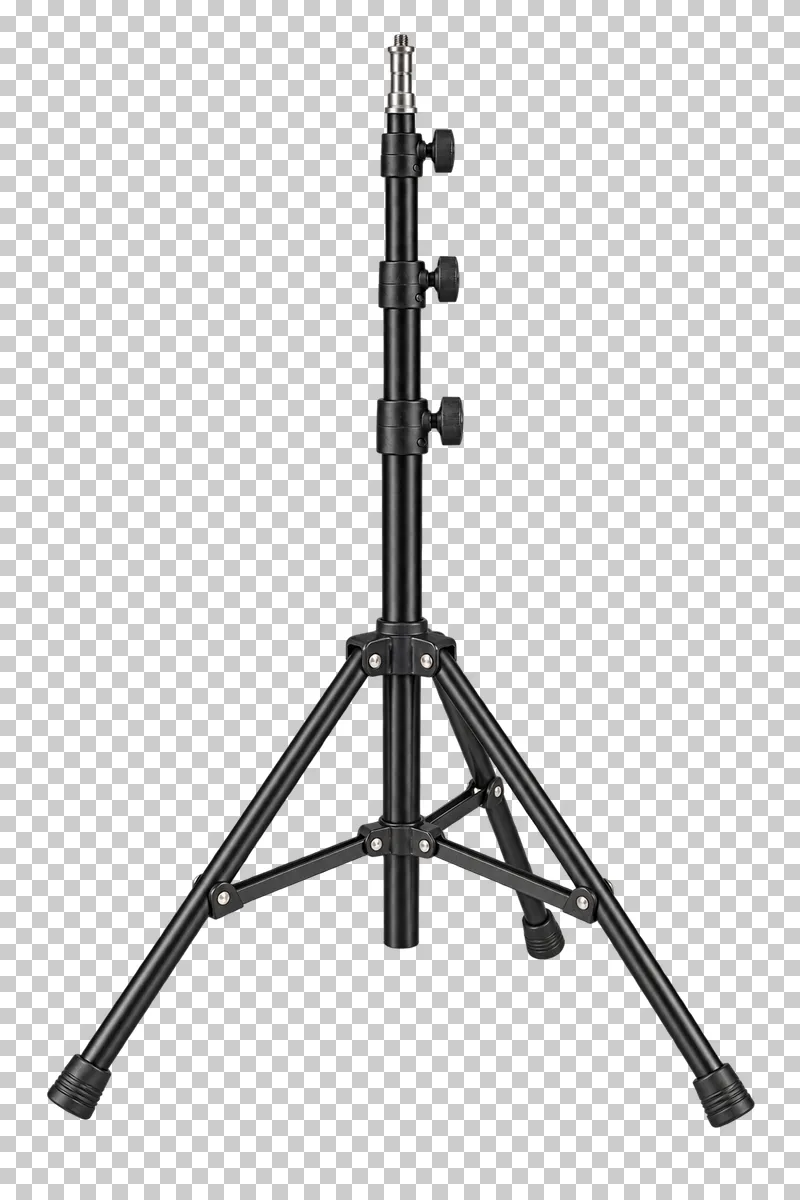 An unfolded lighting stand with a telescopic column and three connected support legs.
